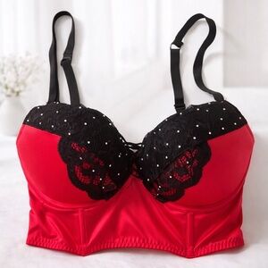 La Senza Red & Black Lace Longline Bra Rhinestone Detail – Size 34D